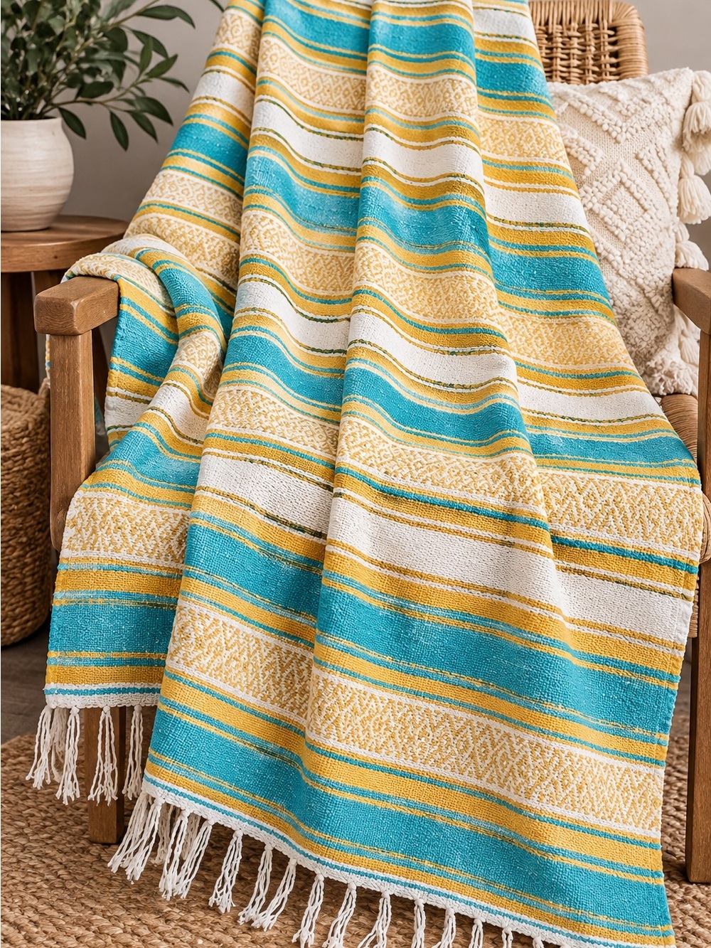 Earth Ragz Striped Turquoise, Yellow & Cream Woven Throw Blanket